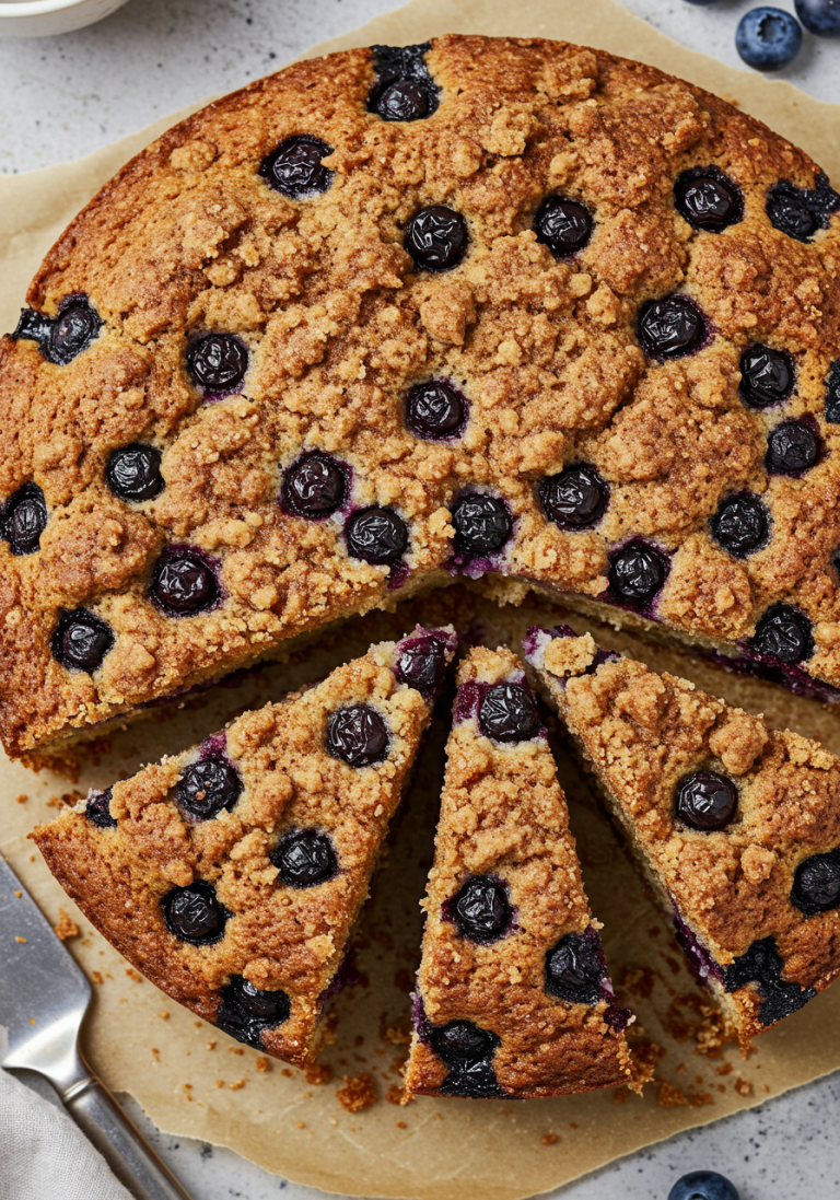 A freshly baked blueberry coffee cake with a crumb topping. One slice is slightly pulled out, and a knife is nearby on a parchment-lined surface. Blueberries are scattered around.